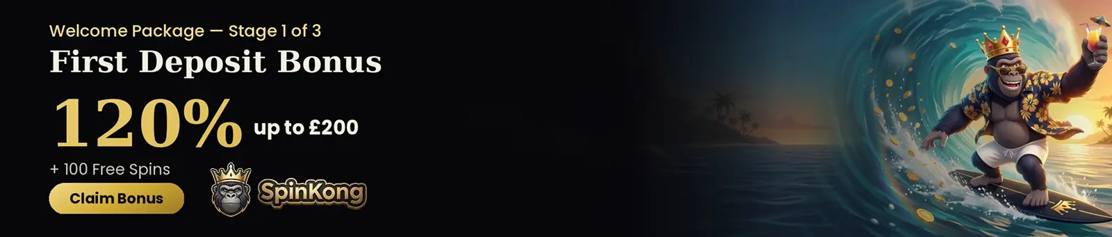 SpinKong first deposit bonus 120% up to £200 plus 100 free spins