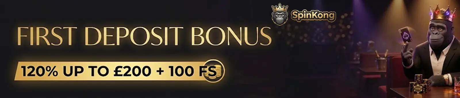SpinKong first deposit bonus 120% up to £200 plus 100 free spins